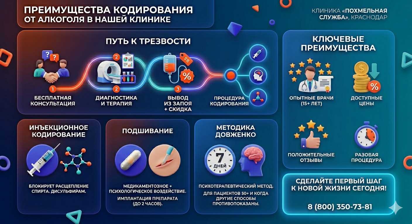 Инфографика о методах кодирования от алкоголя в Киеве: инъекции, подшивание, метод Довженко. Преимущества клиники и этапы лечения.